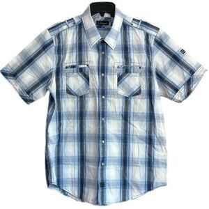 7 Diamond Western Short Sleeve Mens XL Snap Buttons Blue White 100% Cotton